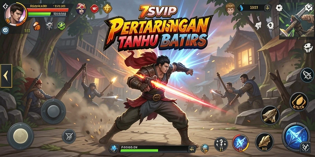 Tangkapan layar gameplay 7SVIP menampilkan pertarungan seru dan karakter unik.