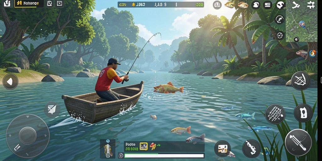 Gameplay seru JJ62 dengan berbagai jenis ikan menanti untuk ditangkap.