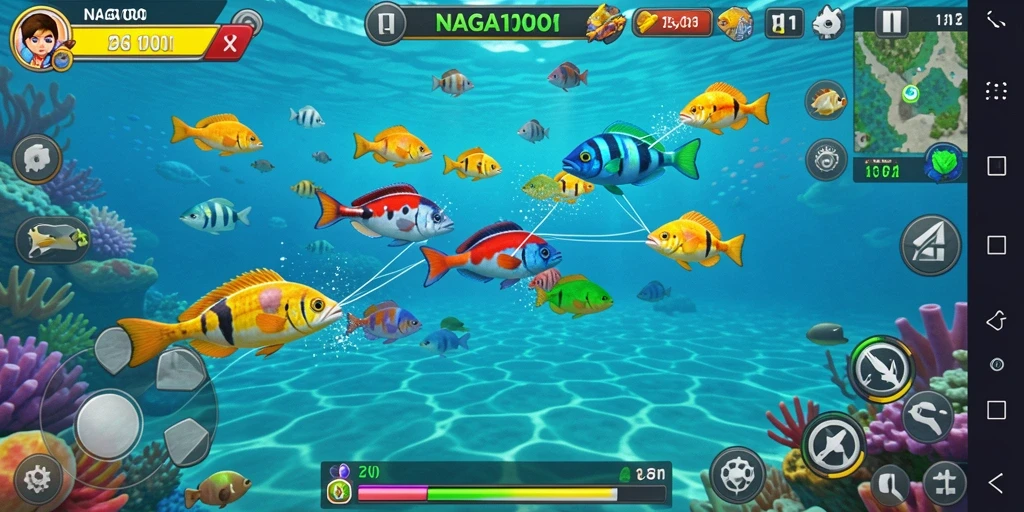Screenshot utama NAGA1001 menampilkan aksi seru dalam berburu ikan.