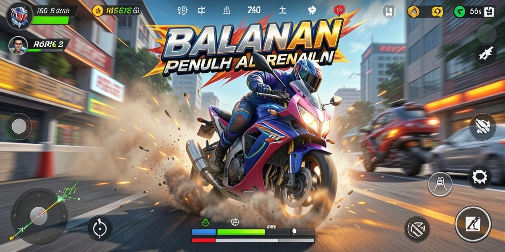 Screenshot gameplay R6R6 menampilkan balapan motor yang mendebarkan.