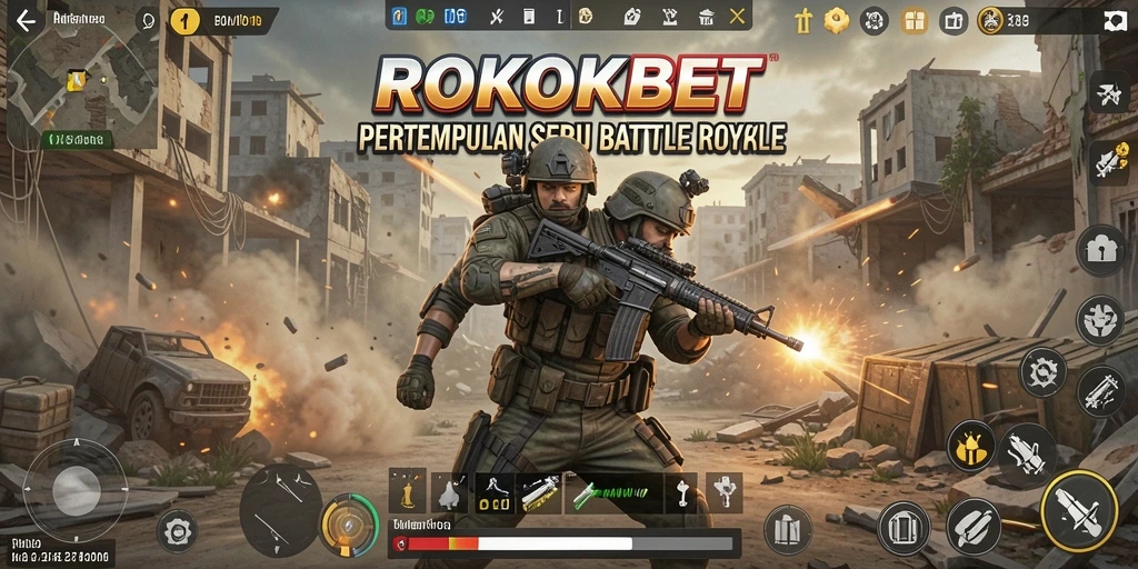 Screenshot ROKOKBET menampilkan aksi intens dalam pertempuran Battle Royale.