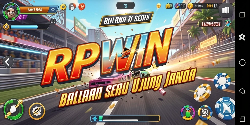 Screenshot gameplay RPWIN menunjukkan momen balapan yang mendebarkan dengan kendaraan kencang.